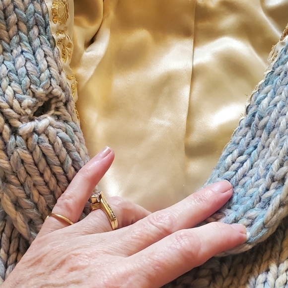 Vintage Handmade Pure Wool Blue Lined Heavy Knit Button-Down Sz. XL Coat - Picture 3 of 12